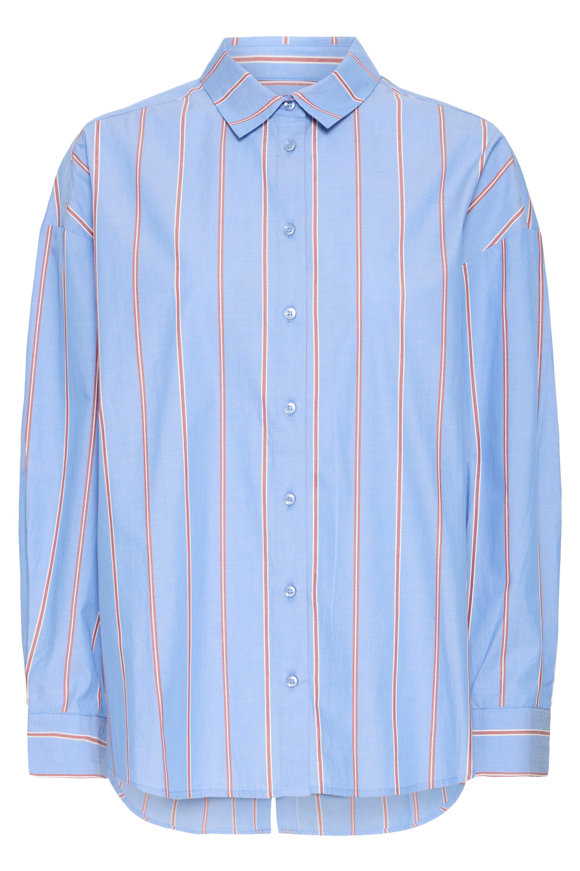 Light blue shirt with orange vertical stripes on a white background