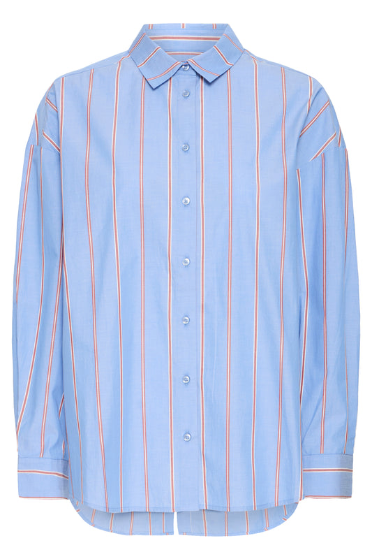 Light blue shirt with orange vertical stripes on a white background