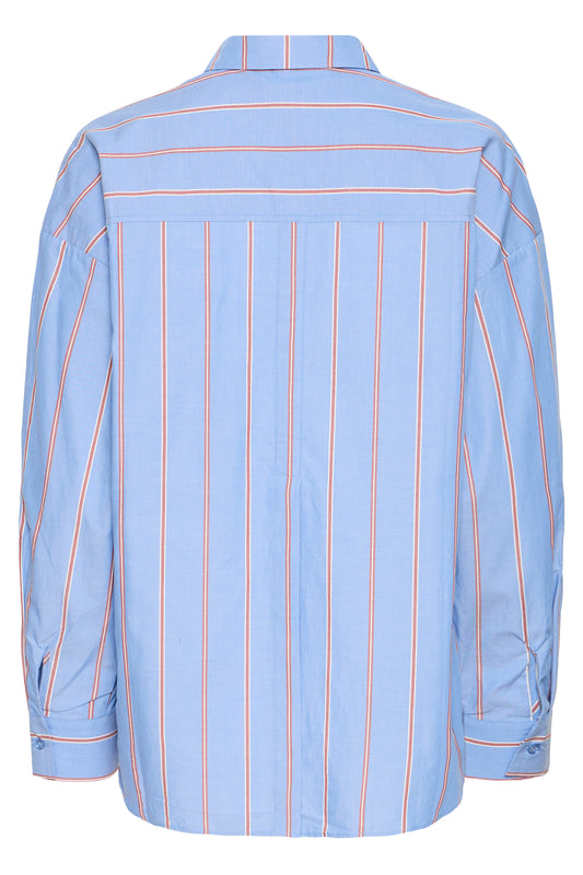 Light blue shirt with orange vertical stripes on a white background