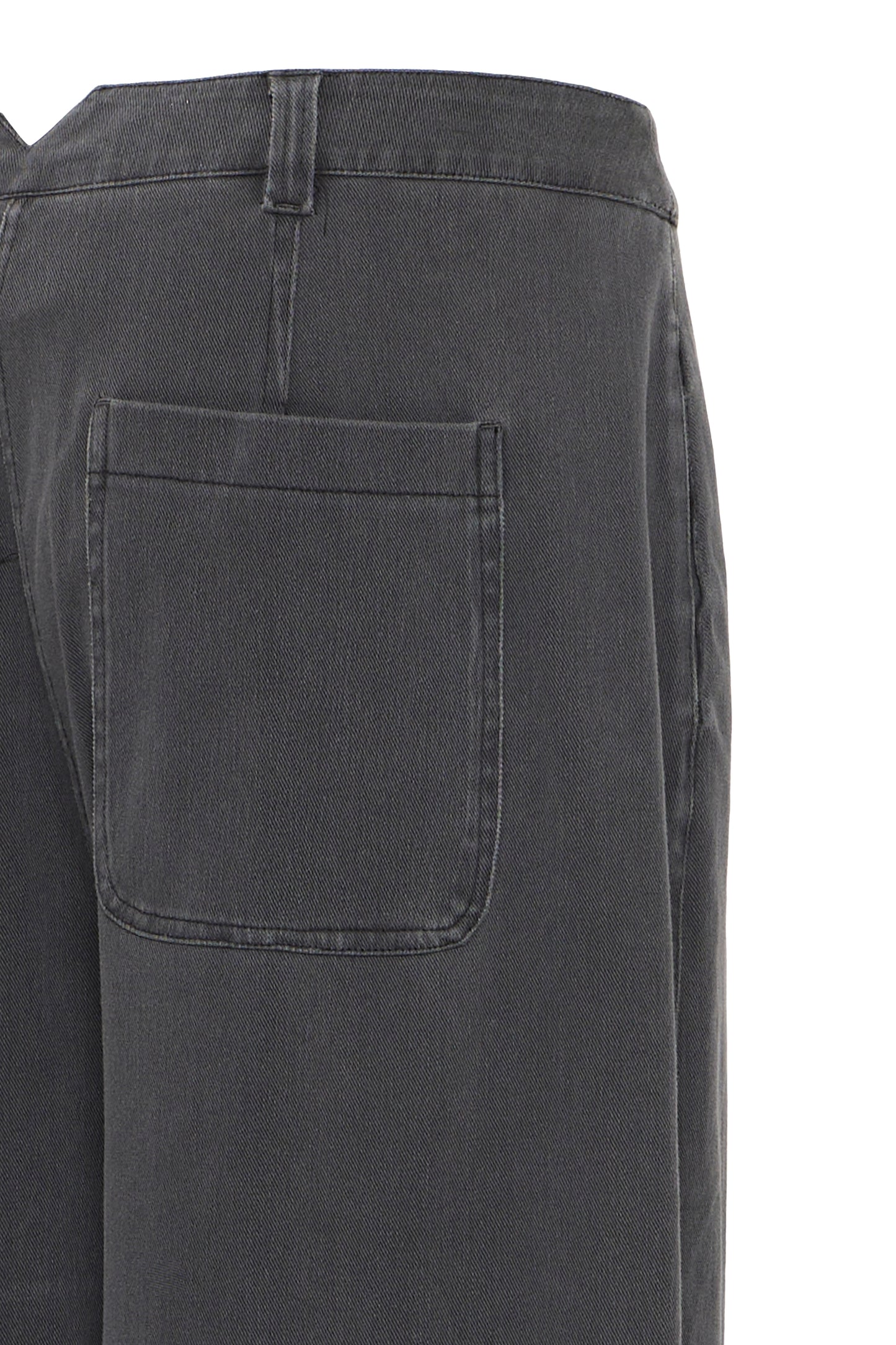 Close-up of dark gray pants with a pocket on a white background