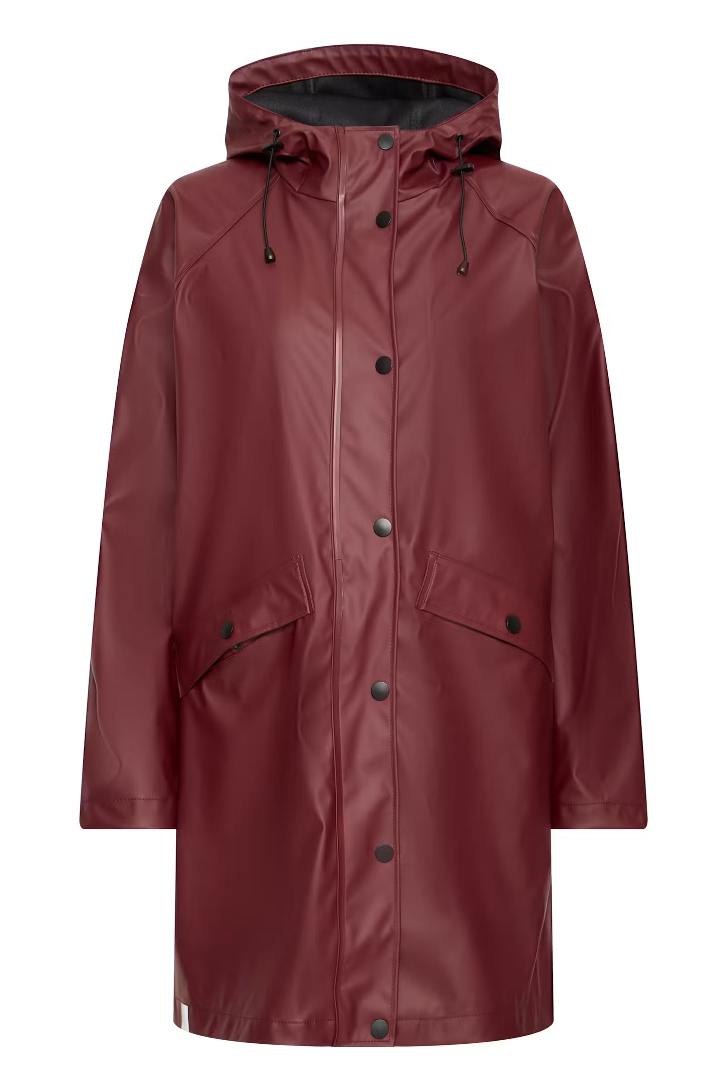 A hooded raincoat in a deep burgundy red, featuring a front snap-button closure, drawstring hood, and two front flap pockets, shown against a plain white background.