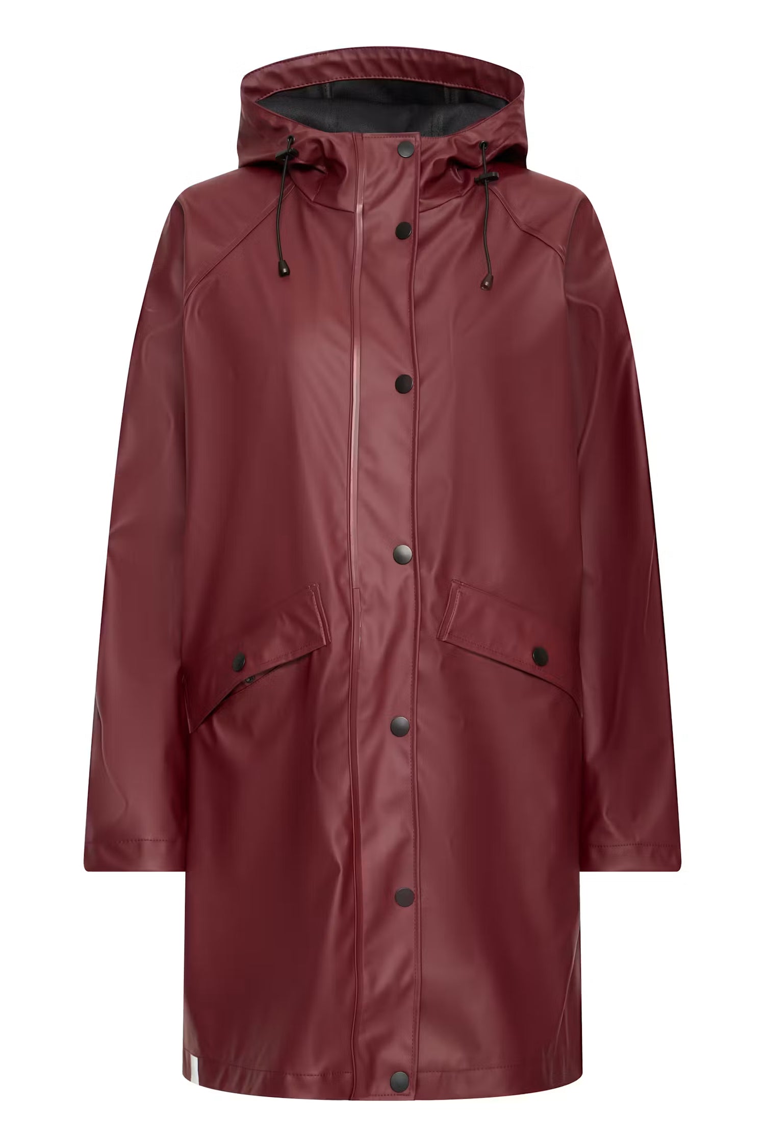 A hooded raincoat in a deep burgundy red, featuring a front snap-button closure, drawstring hood, and two front flap pockets, shown against a plain white background.