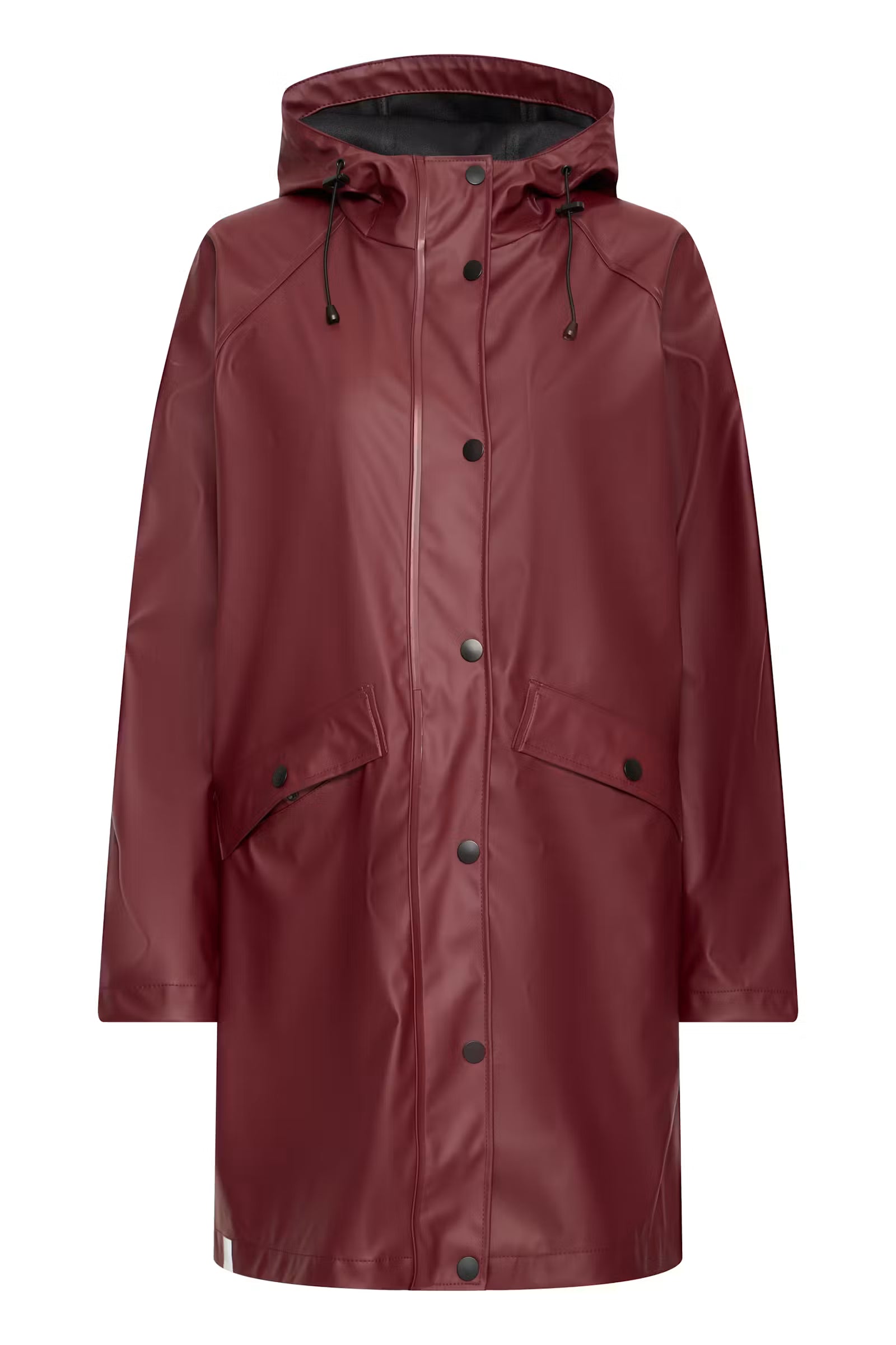 A hooded raincoat in a deep burgundy red, featuring a front snap-button closure, drawstring hood, and two front flap pockets, shown against a plain white background.