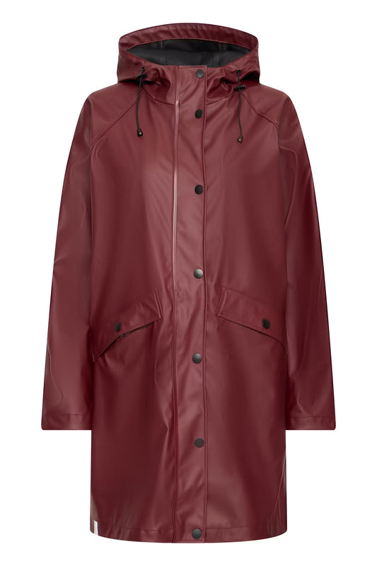 A hooded raincoat in a deep burgundy red, featuring a front snap-button closure, drawstring hood, and two front flap pockets, shown against a plain white background.