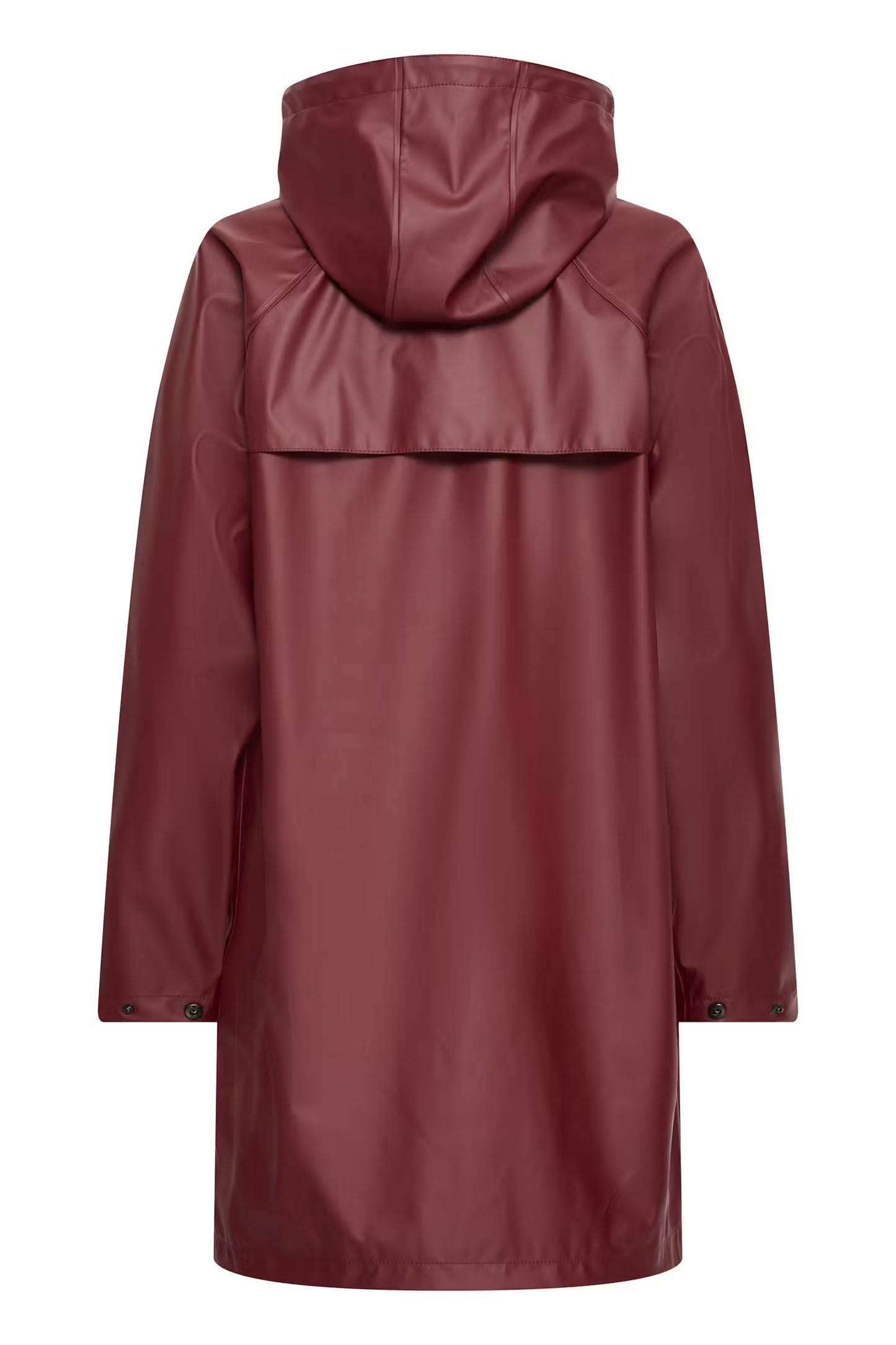 A hooded raincoat in a deep burgundy color, shown from the back against a plain white background.