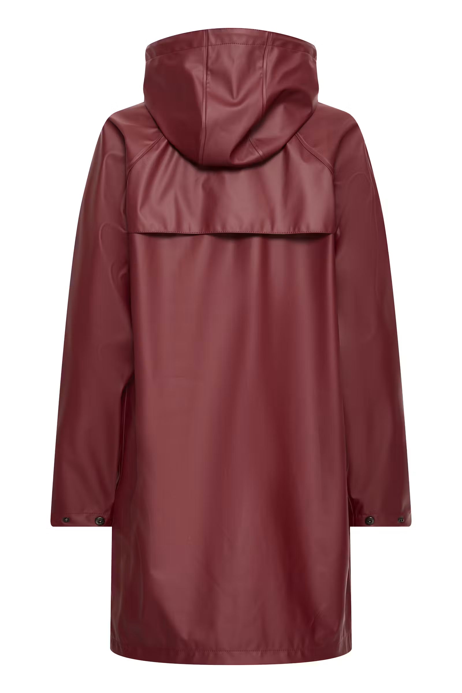 A hooded raincoat in a deep burgundy color, shown from the back against a plain white background.
