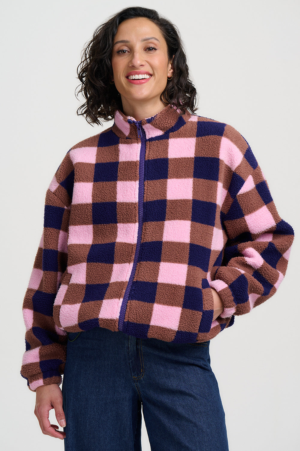 Hartley Zip Up Fleece - Navy/Pink Check