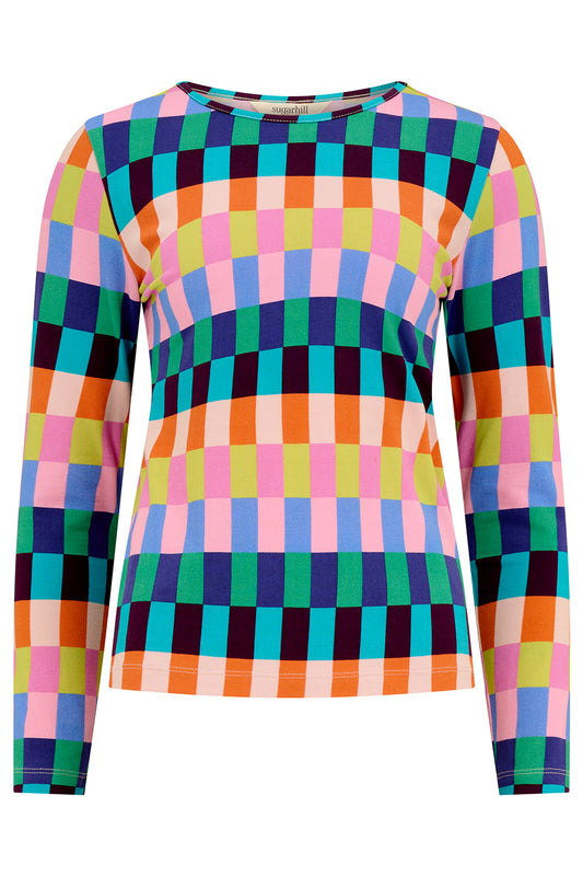 Colorful checkered long-sleeve shirt on a white background