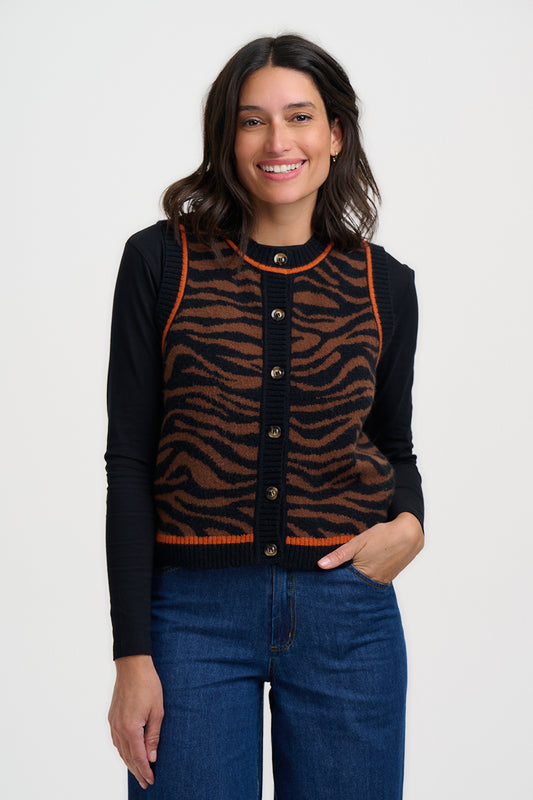 Nathalie Knitted Waistcoat - Brown/Black Tiger