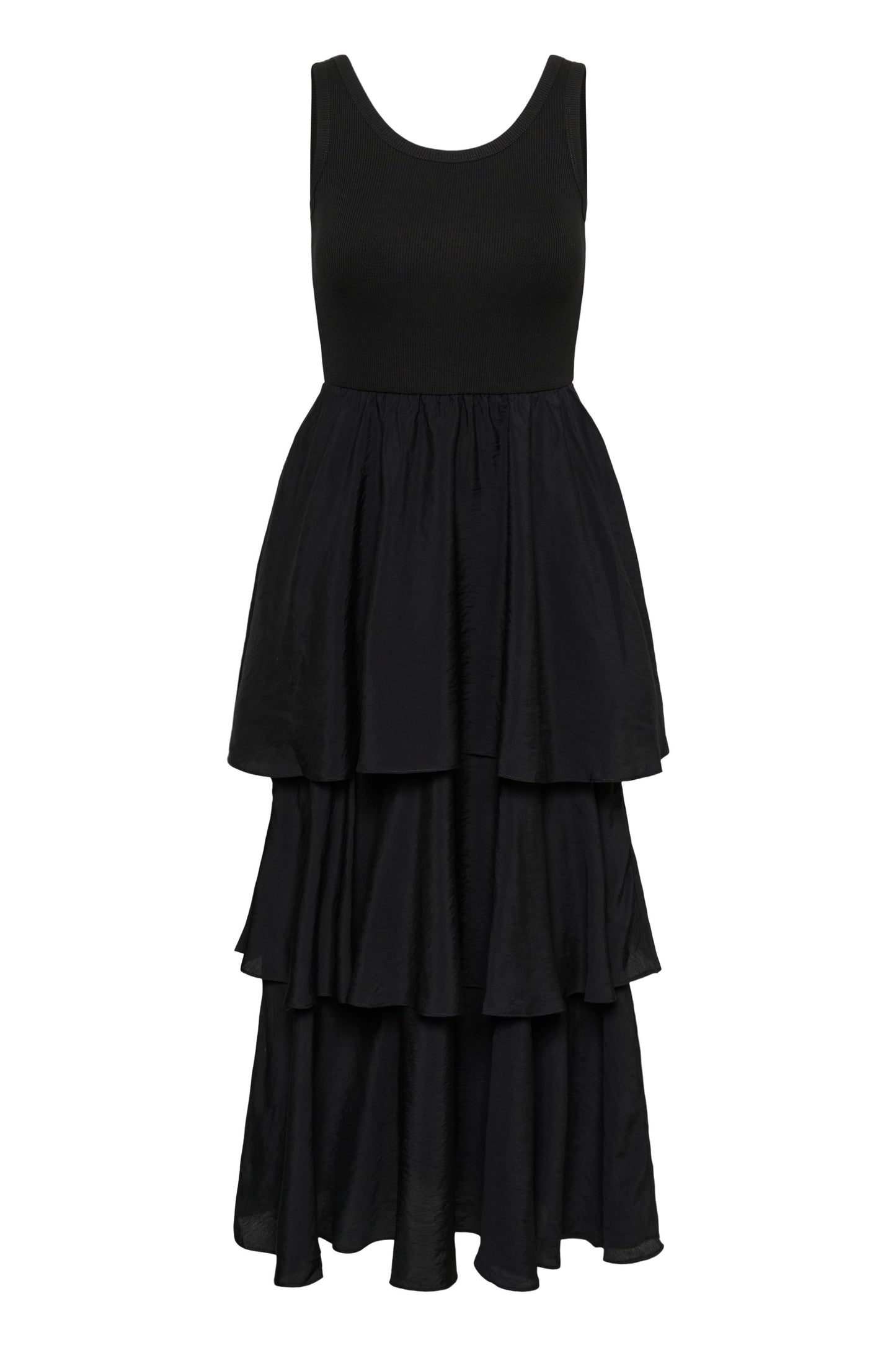 Black tiered dress on a white background