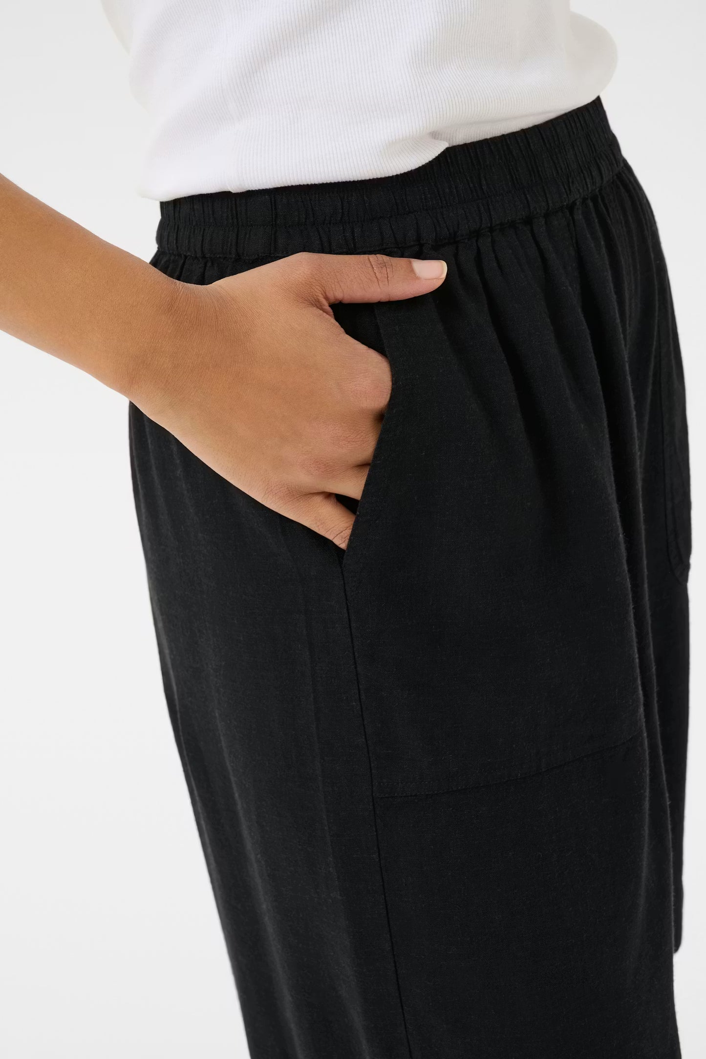 Person wearing black pants with a white shirt on a light gray background