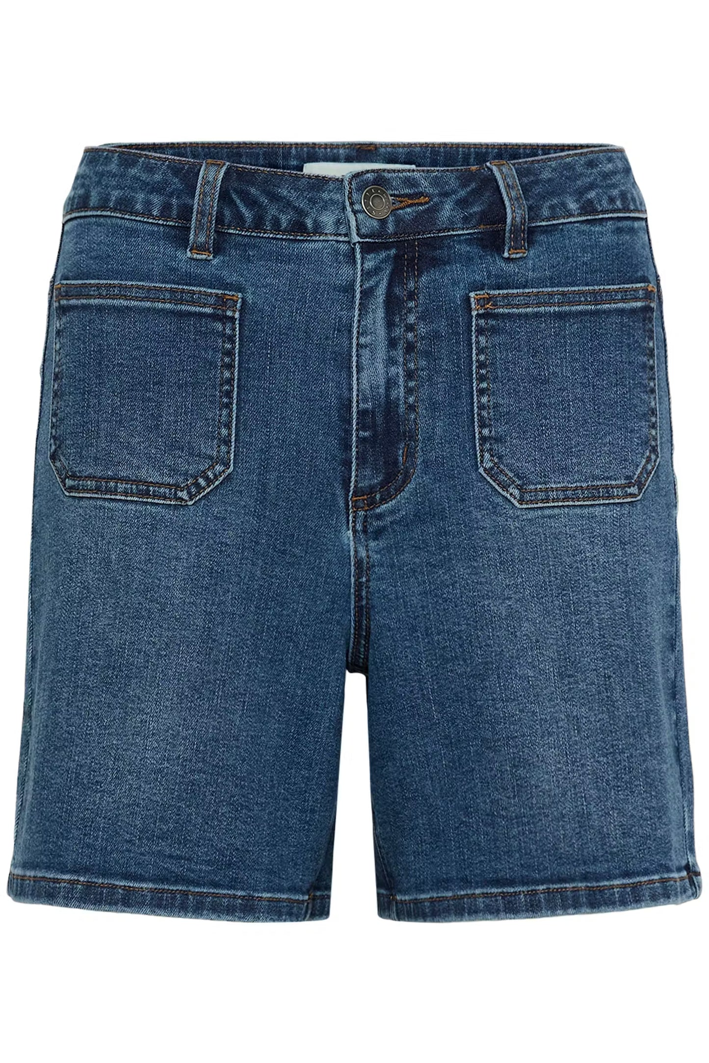 Blue denim shorts on a white background