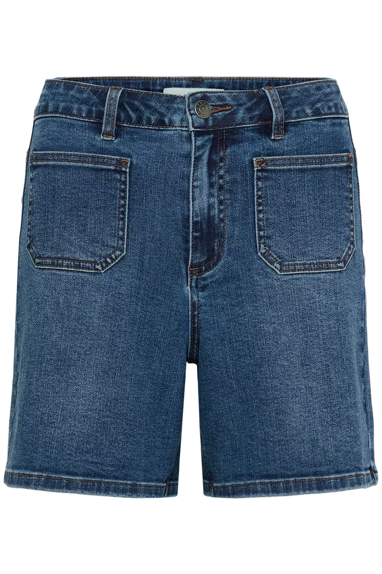 Blue denim shorts on a white background