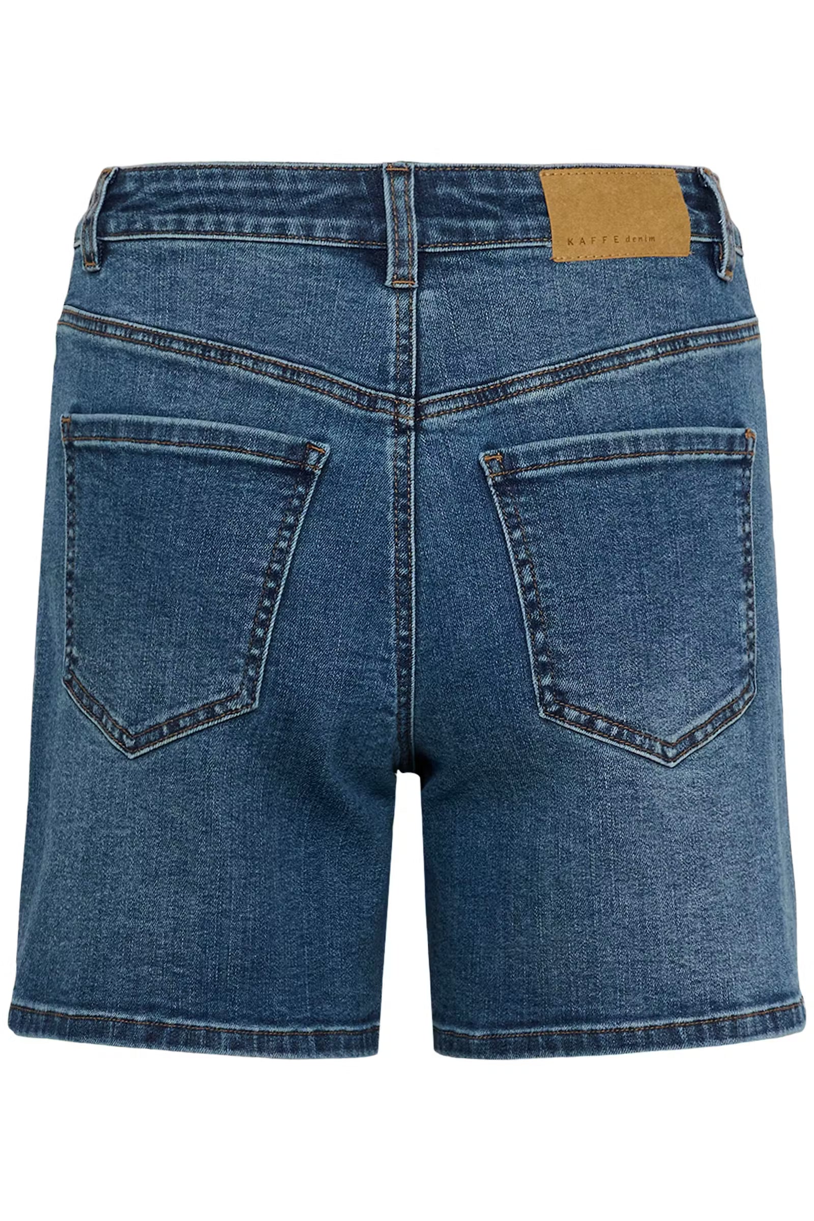 Blue denim shorts on a white background