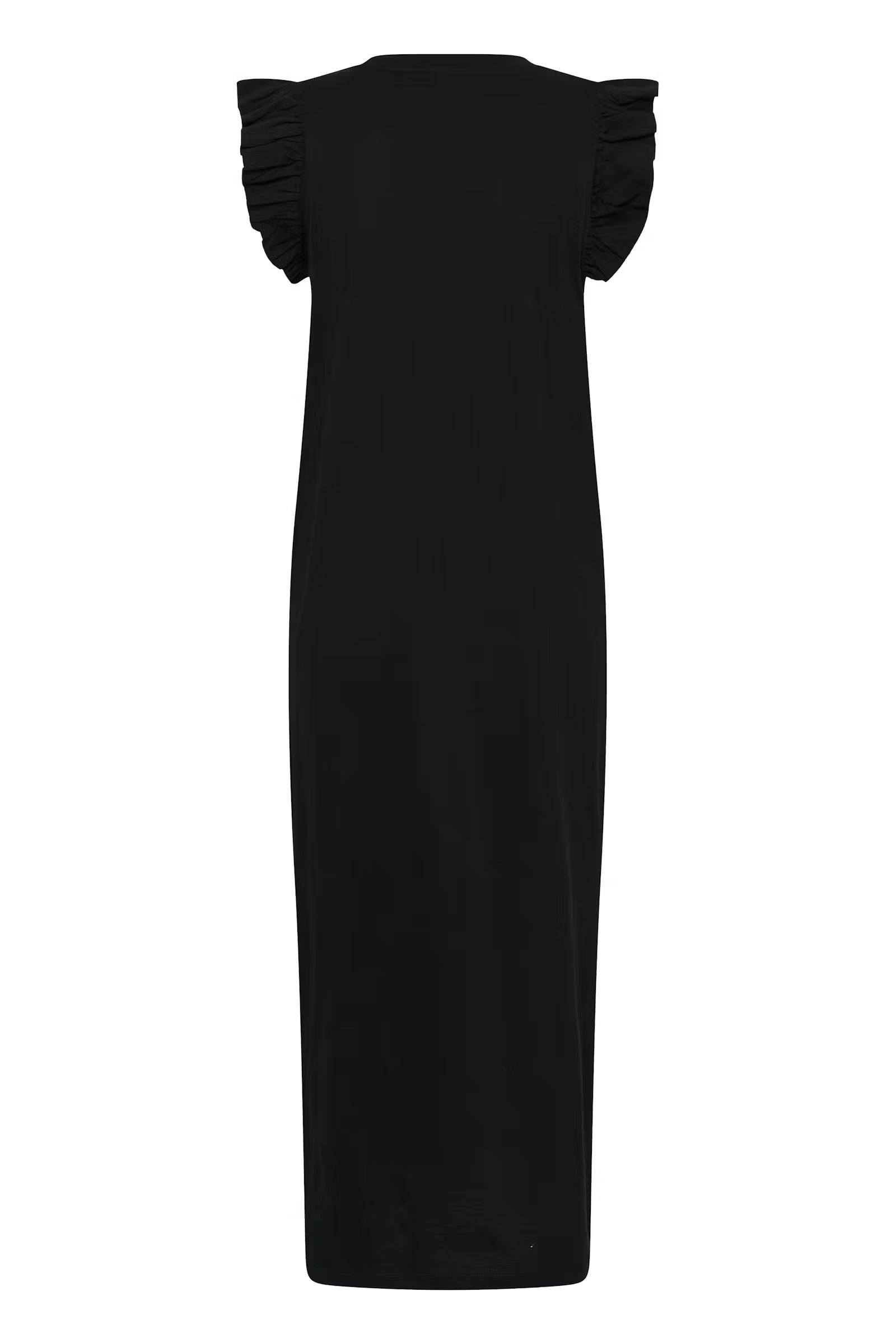 Black dress with ruffled shoulders on a white background