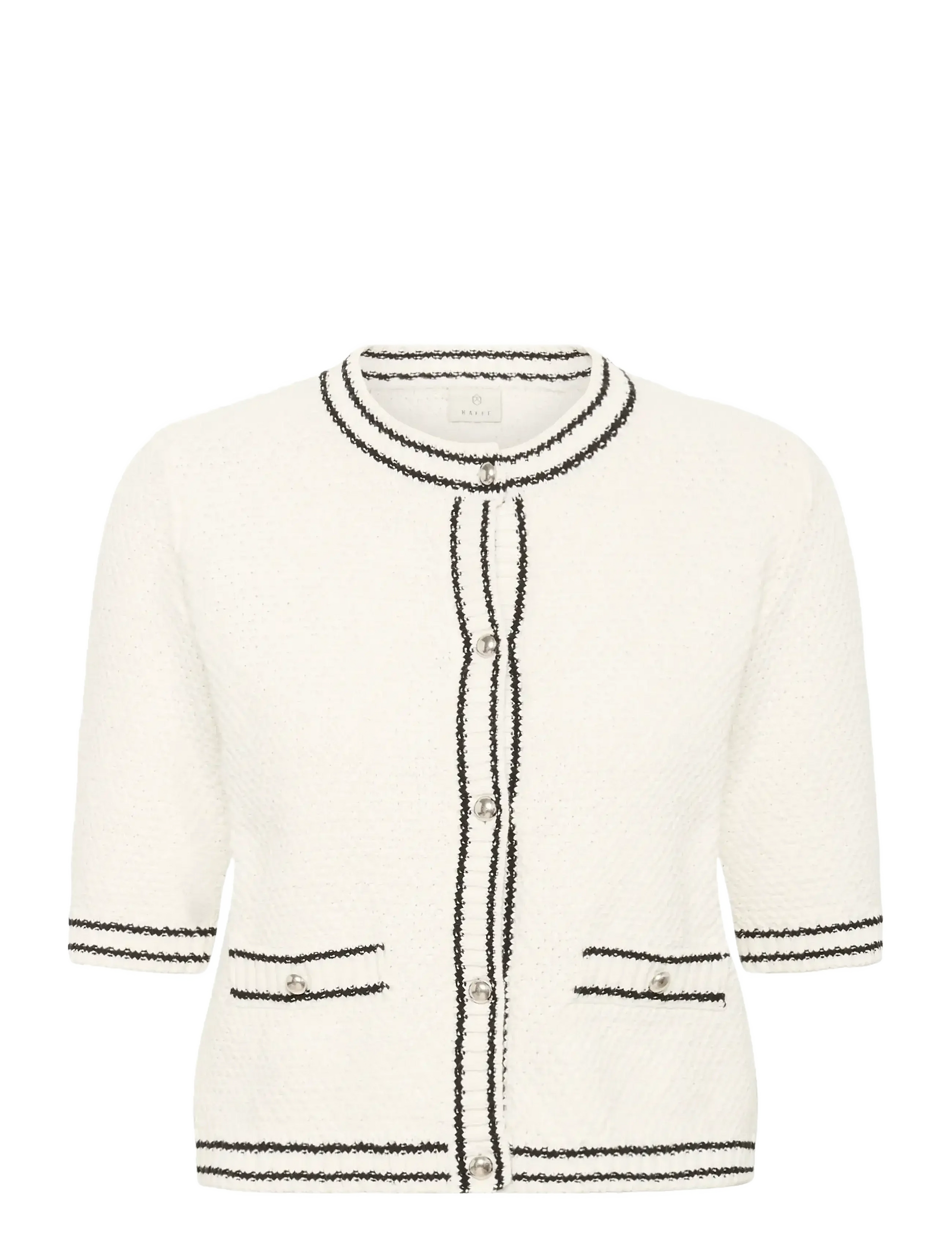 White cardigan with black trim on a white background