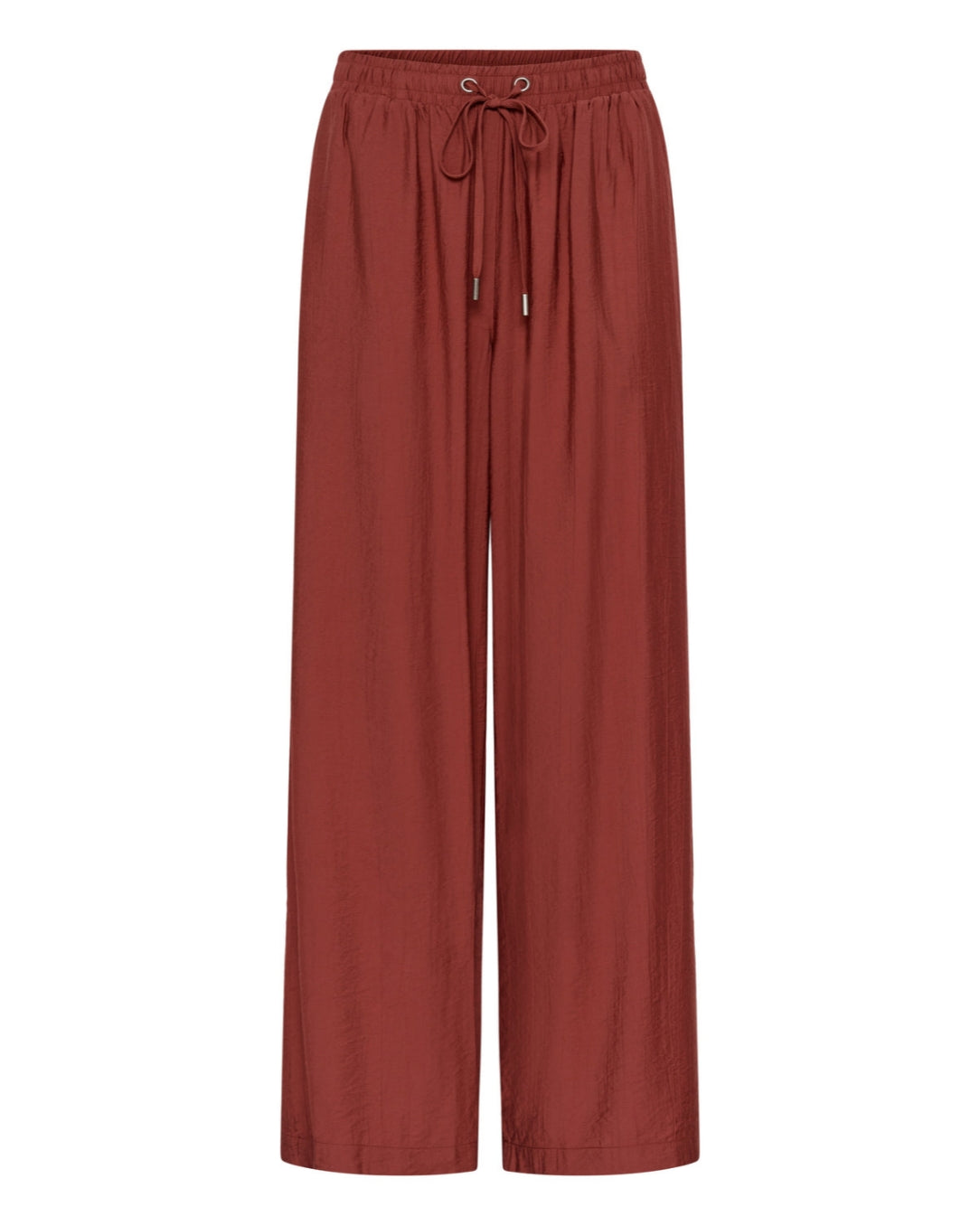 Reddish-brown wide-leg pants with drawstring waist on a white background