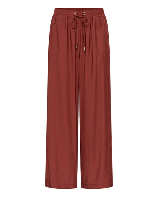 Reddish-brown wide-leg pants with drawstring waist on a white background