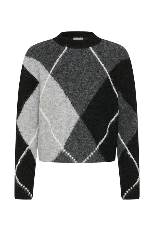 A cropped long-sleeve knit sweater with a black, gray, and white argyle pattern, displayed on a clean white background.