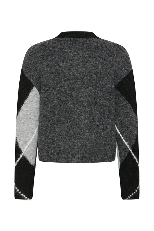 A cropped knit sweater shown from the back, featuring a dark gray heathered body with black and light gray argyle diamond patterns on the sleeves.
