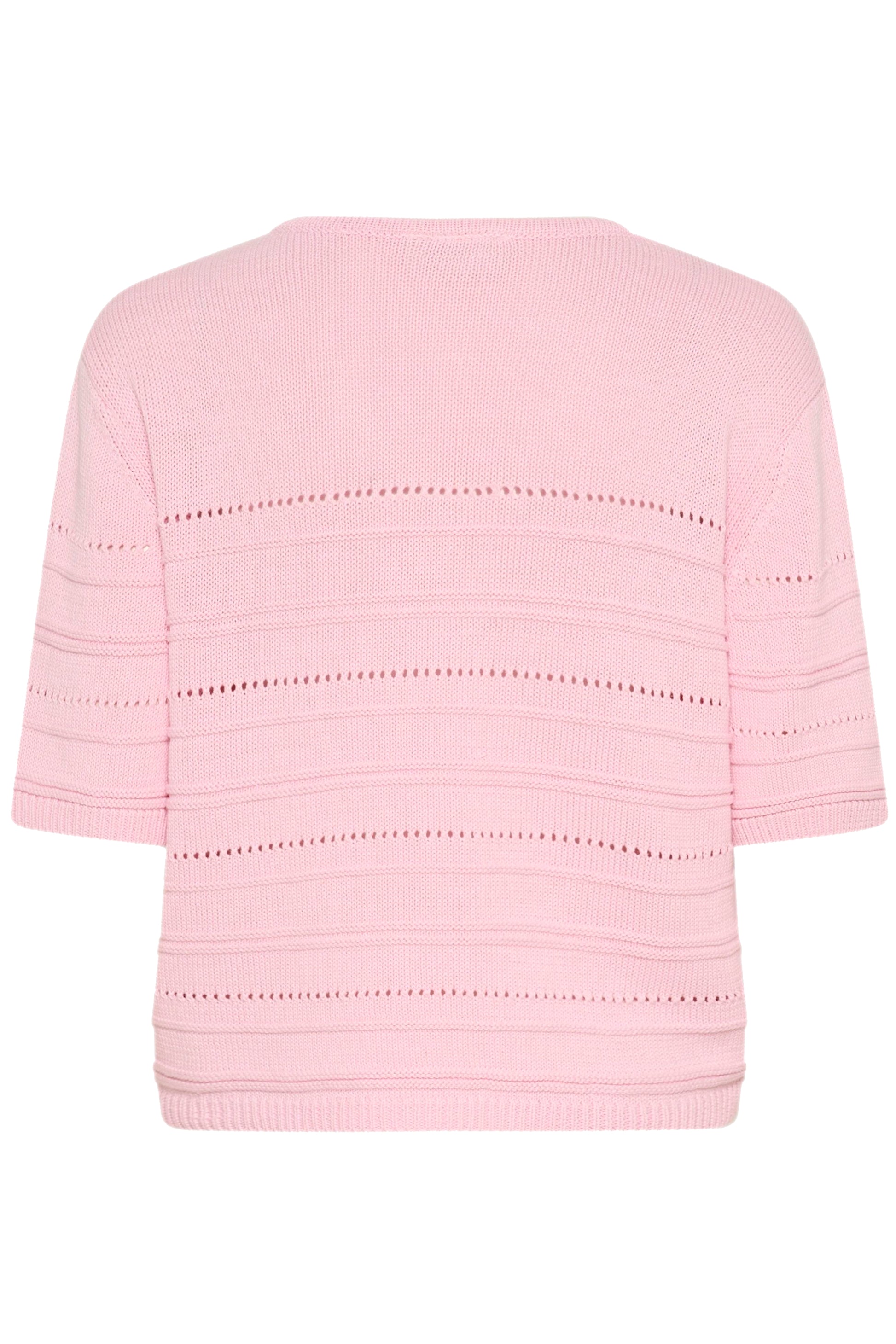 Pink knit top with textured pattern on a white background