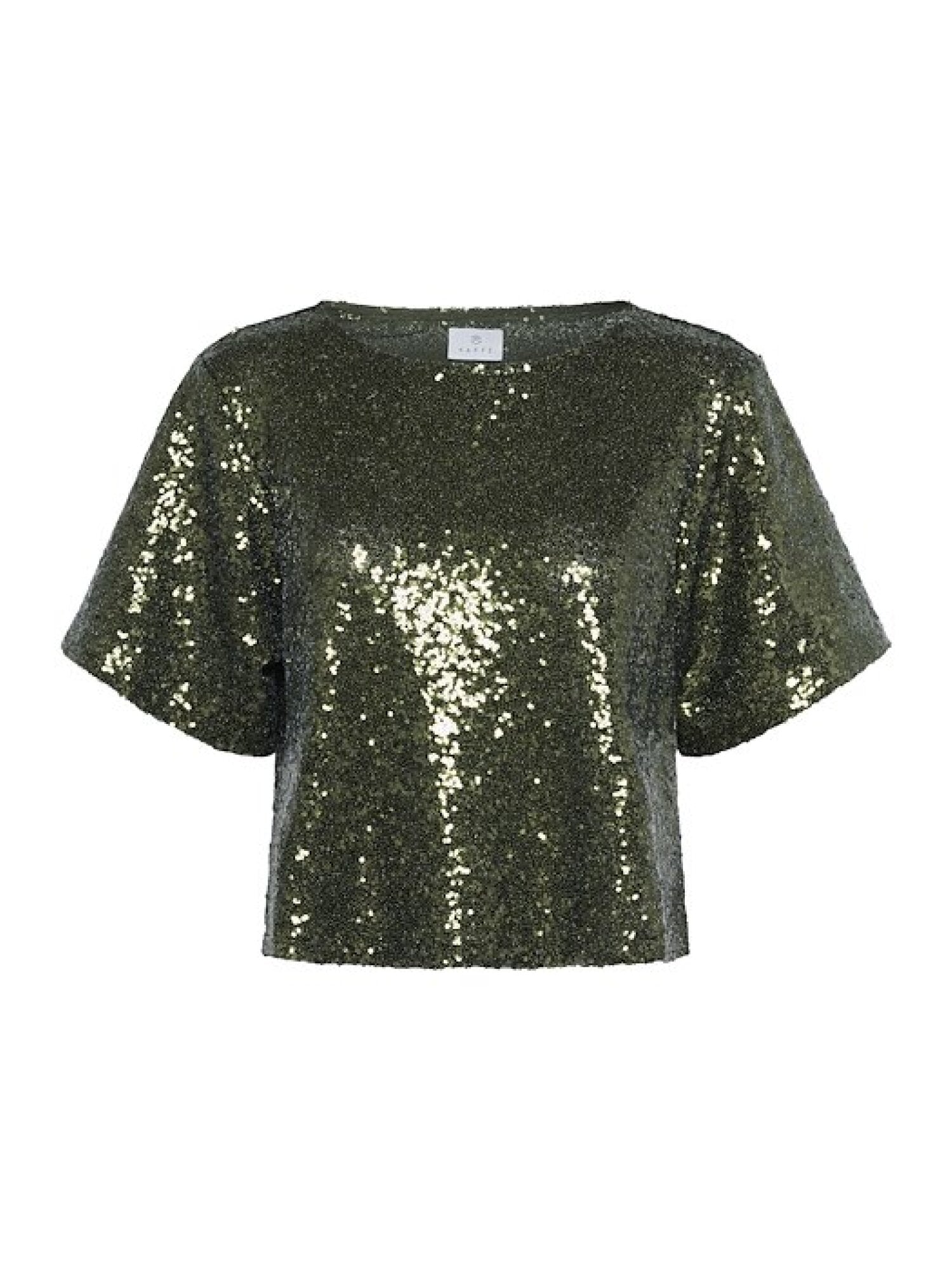 Green sequin top on a white background