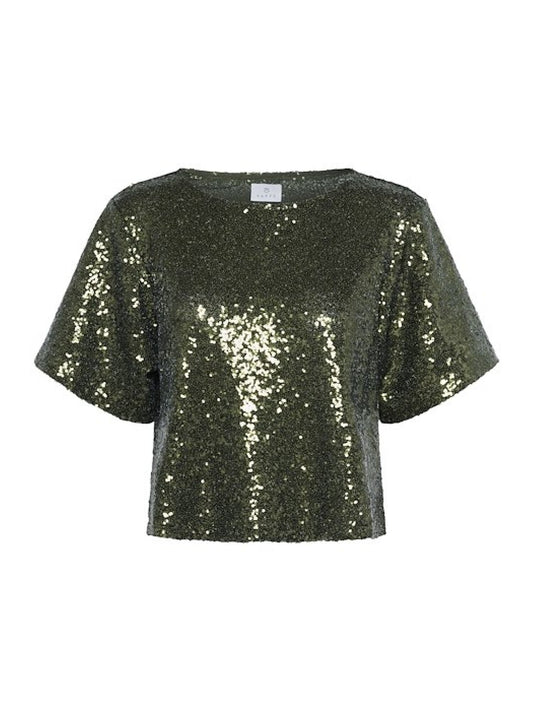 Green sequin top on a white background