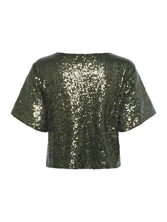 Green sequin top on a white background
