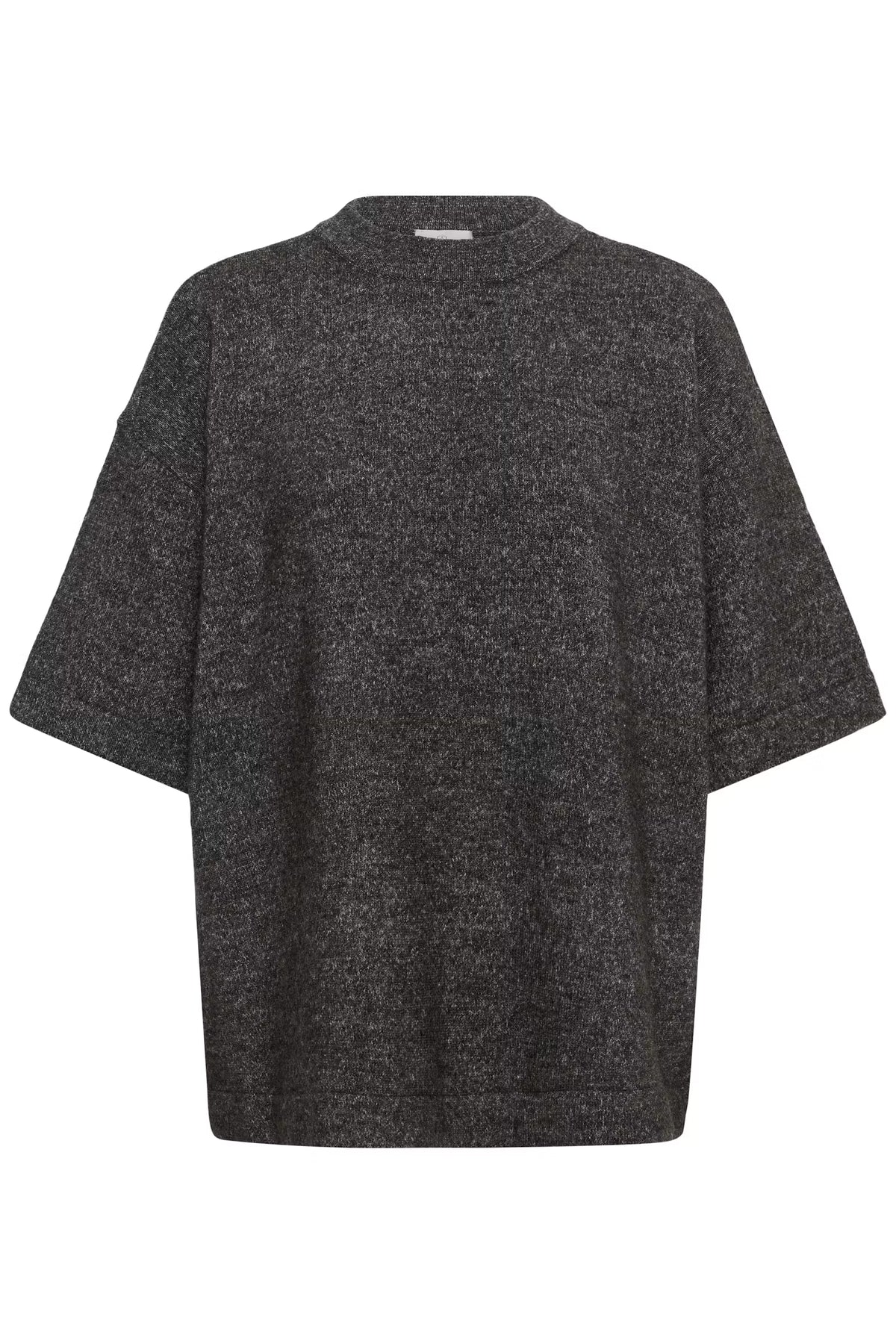 A dark gray heathered knit top with wide short sleeves and a crew neck, shown against a plain white background.
