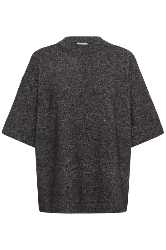 A dark gray heathered knit top with wide short sleeves and a crew neck, shown against a plain white background.