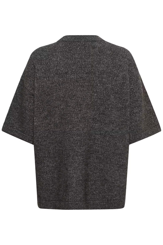 A dark gray heathered knit top with wide short sleeves, shown from the back against a plain white background.