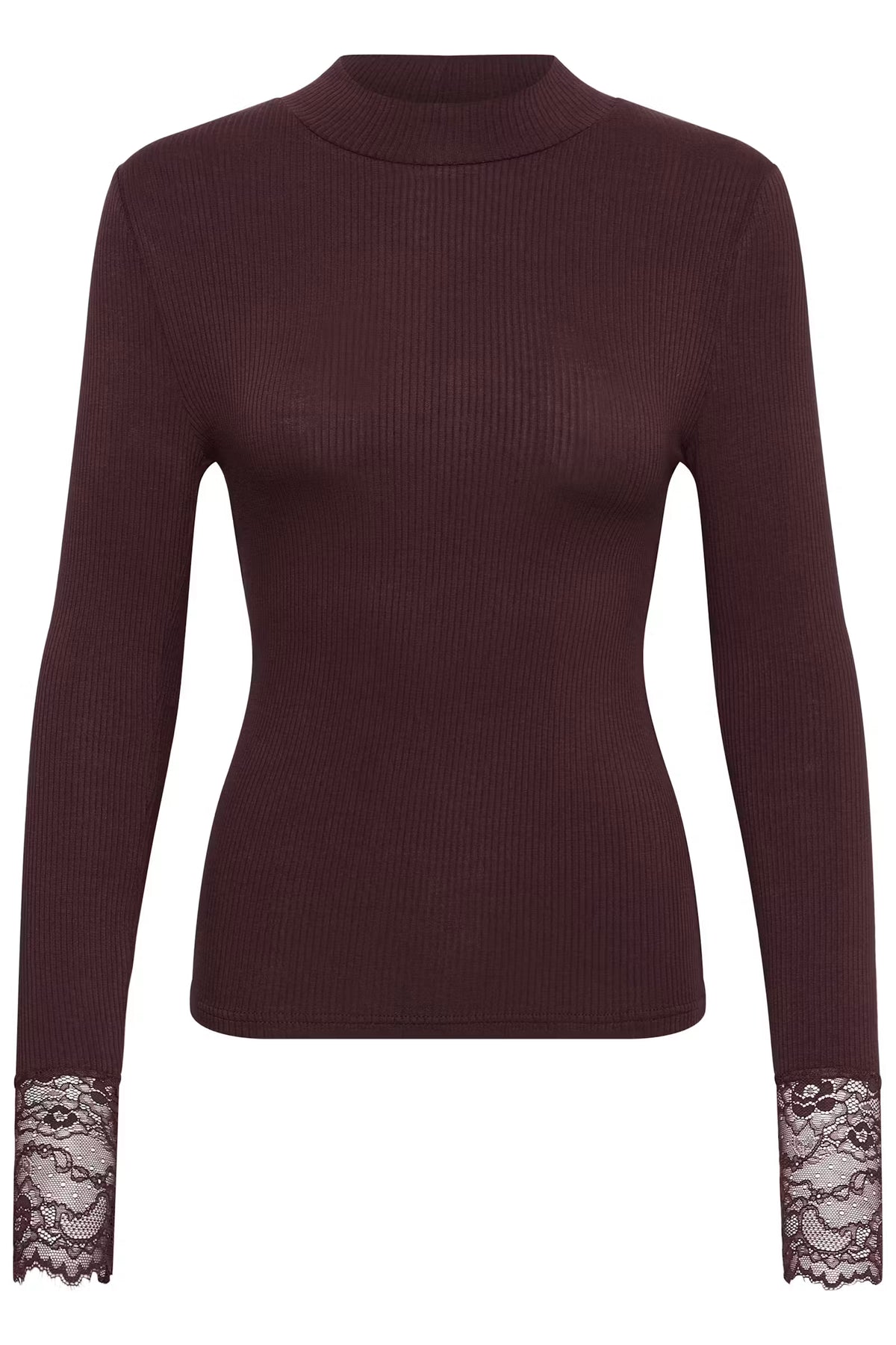 A dark burgundy ribbed knit mock neck sweater with long sleeves and lace detailing at the cuffs, shown against a plain white background.