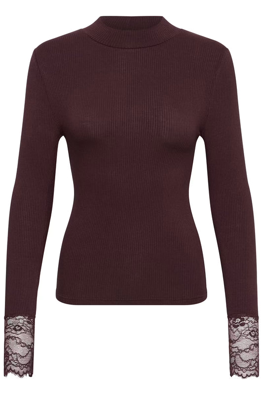A dark burgundy ribbed knit mock neck sweater with long sleeves and lace detailing at the cuffs, shown against a plain white background.