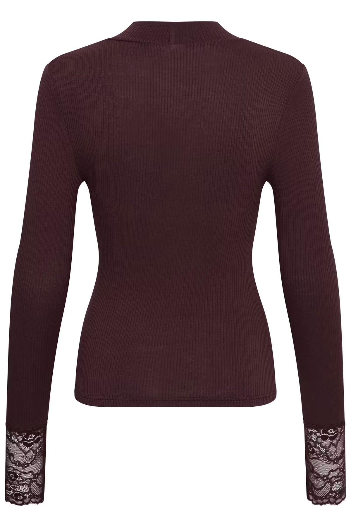 A dark plum ribbed knit long-sleeve top with black lace cuffs, shown from the back on a white background.