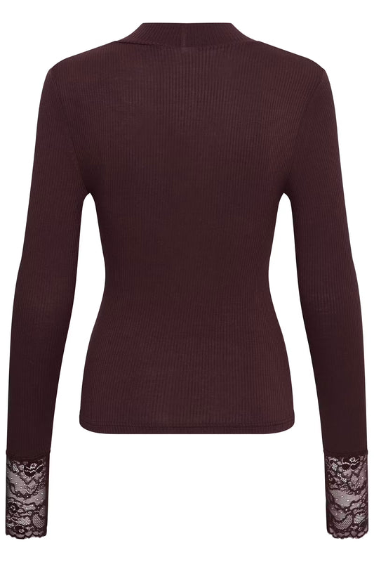 A dark plum ribbed knit long-sleeve top with black lace cuffs, shown from the back on a white background.