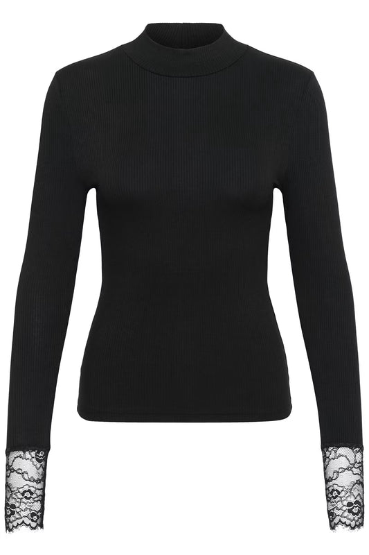 A black ribbed long-sleeve mock neck sweater with black lace cuffs, shown on a plain white background.