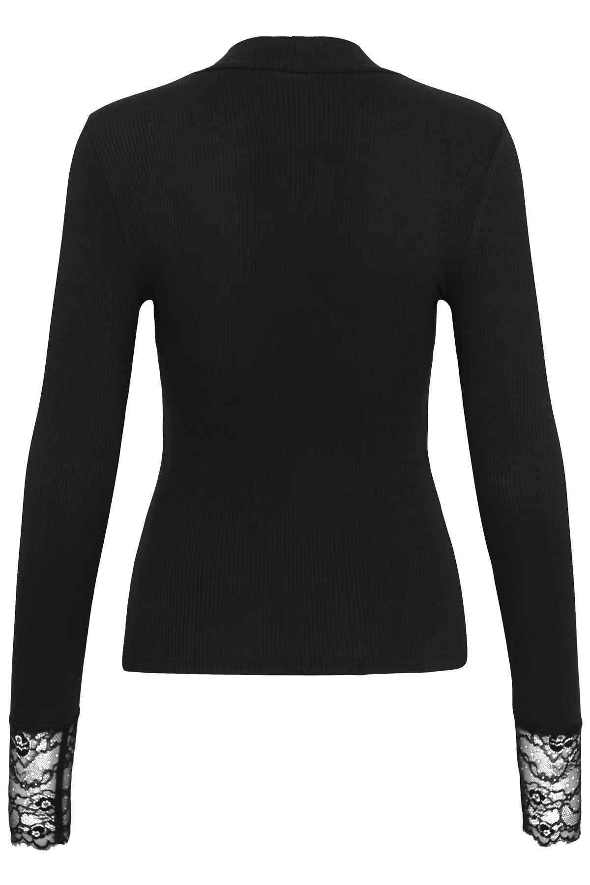 Black ribbed knit long-sleeve top with black-and-white lace cuff detailing, shown from the back on a white background.