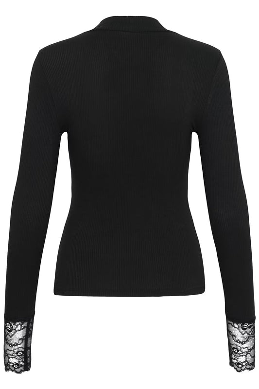 Black ribbed knit long-sleeve top with black-and-white lace cuff detailing, shown from the back on a white background.