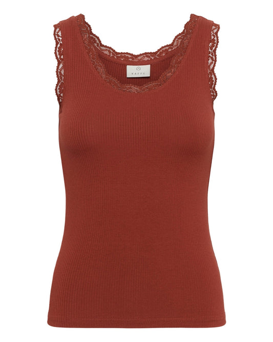 Red tank top with lace trim on a white background
