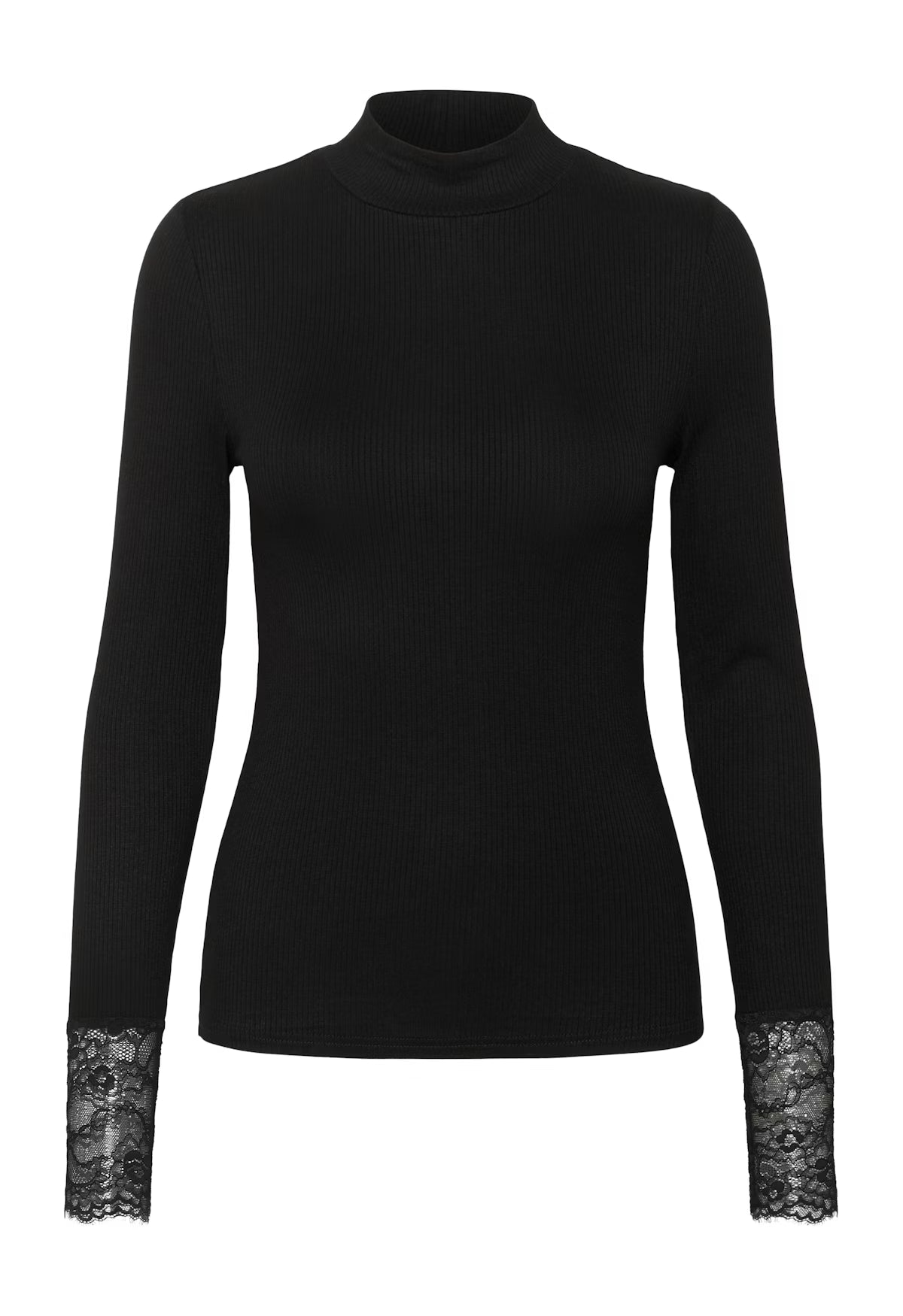 Black turtleneck sweater with lace cuffs on a white background