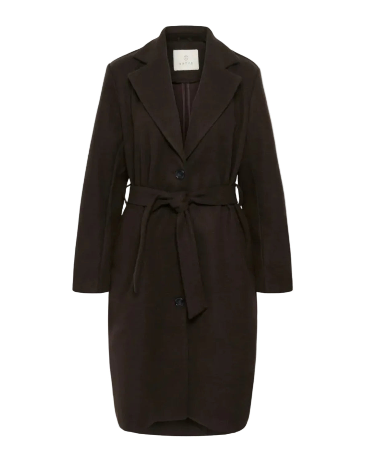 A dark brown wool coat with a tie belt, shown on a plain white background.