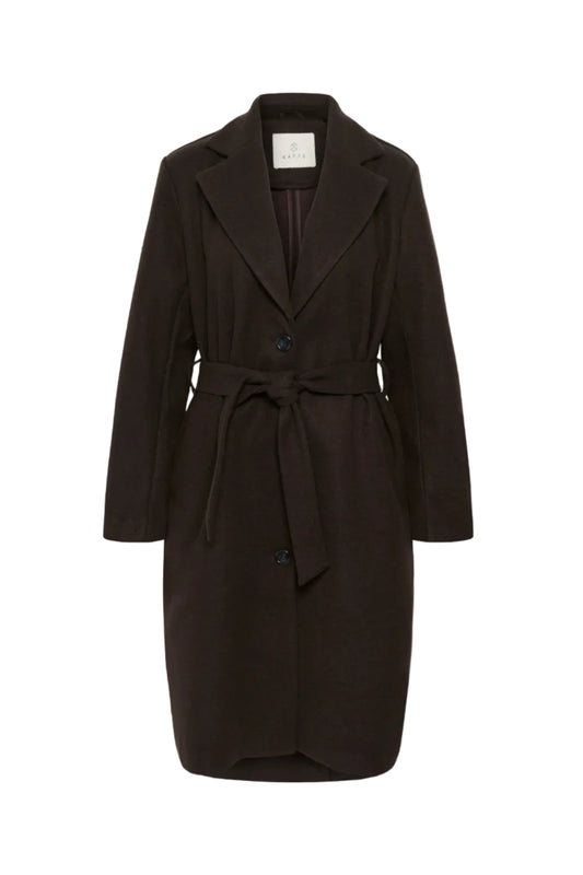 A dark brown wool coat with a tie belt, shown on a plain white background.