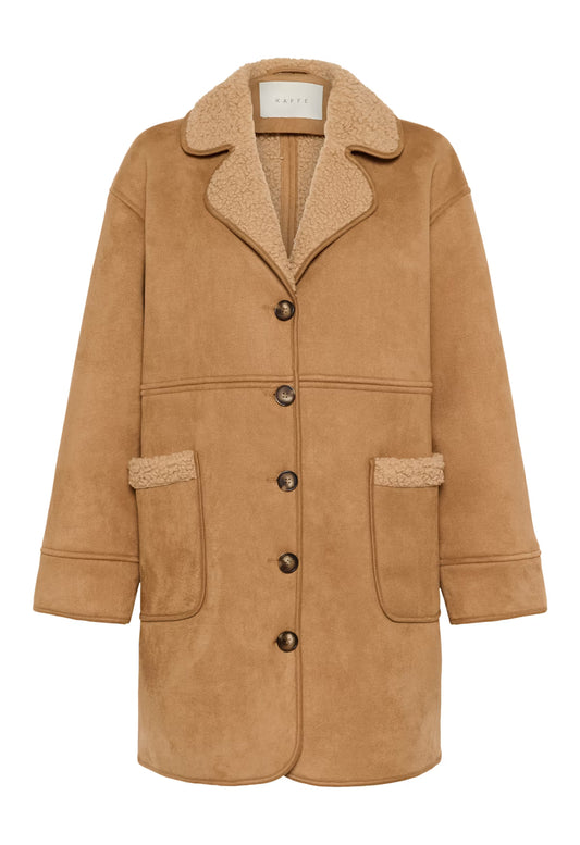 Brown coat with shearling collar and pockets on a white background