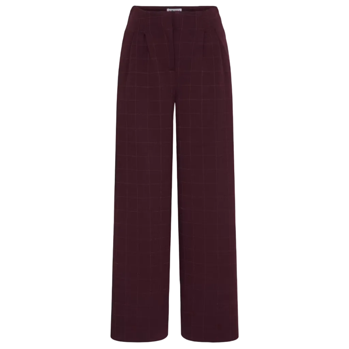 A pair of wide-leg trousers in a deep burgundy color with a subtle windowpane check pattern, shown against a plain white background.