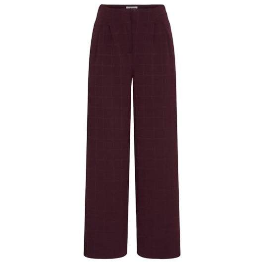 A pair of wide-leg trousers in a deep burgundy color with a subtle windowpane check pattern, shown against a plain white background.