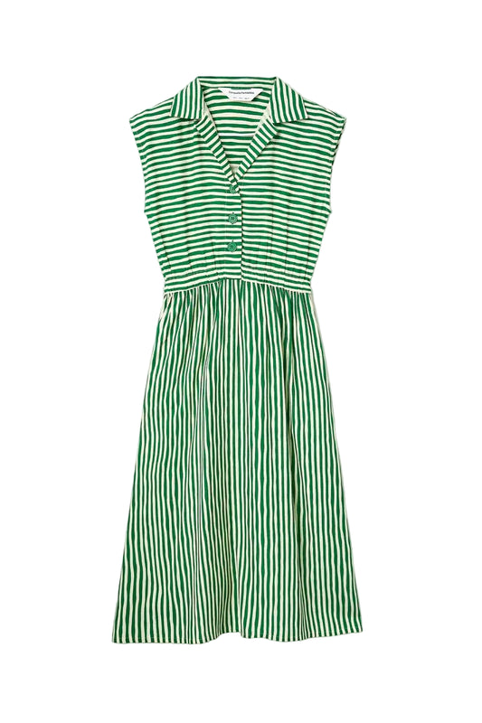 Green and white striped dress on a white background
