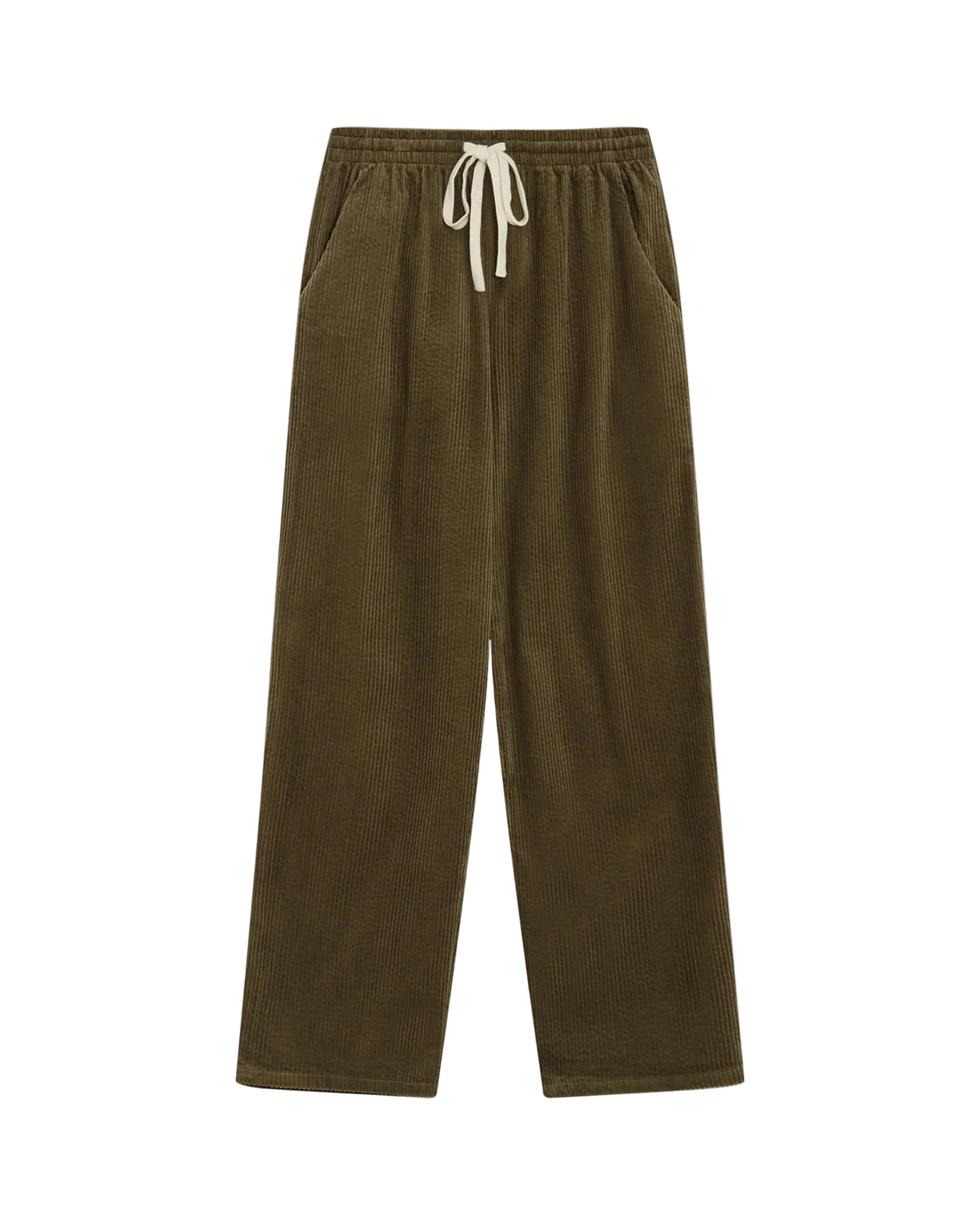 A pair of olive brown corduroy pants with an elastic waistband and a cream-colored drawstring, displayed flat against a light gray background.