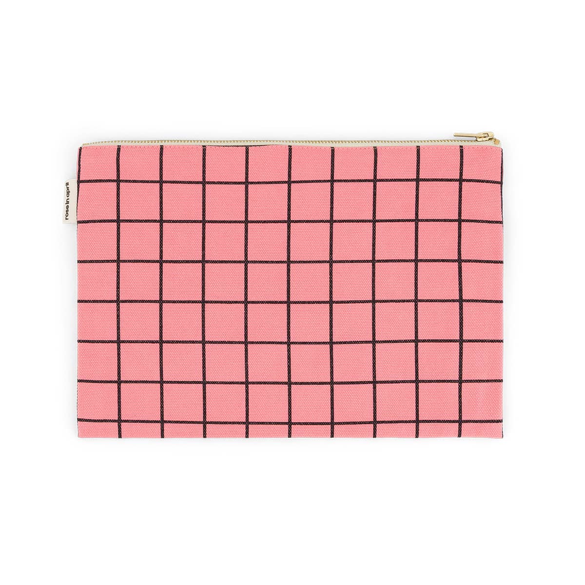 Pink pouch with black grid pattern on a white background