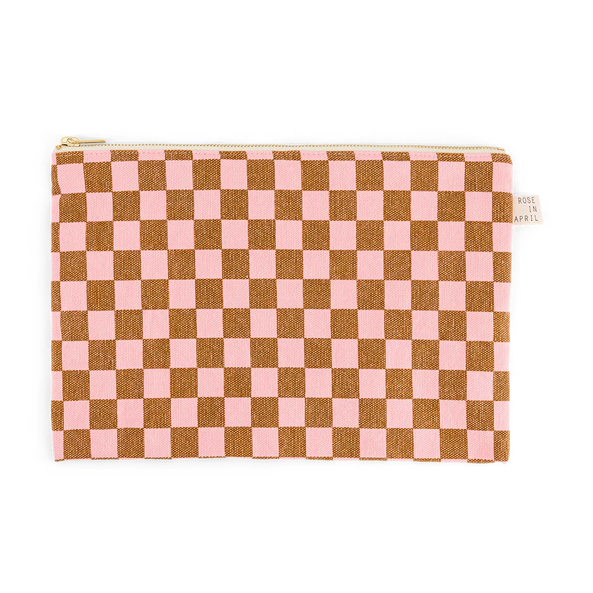 Checkered pouch with pink and brown pattern on a white background