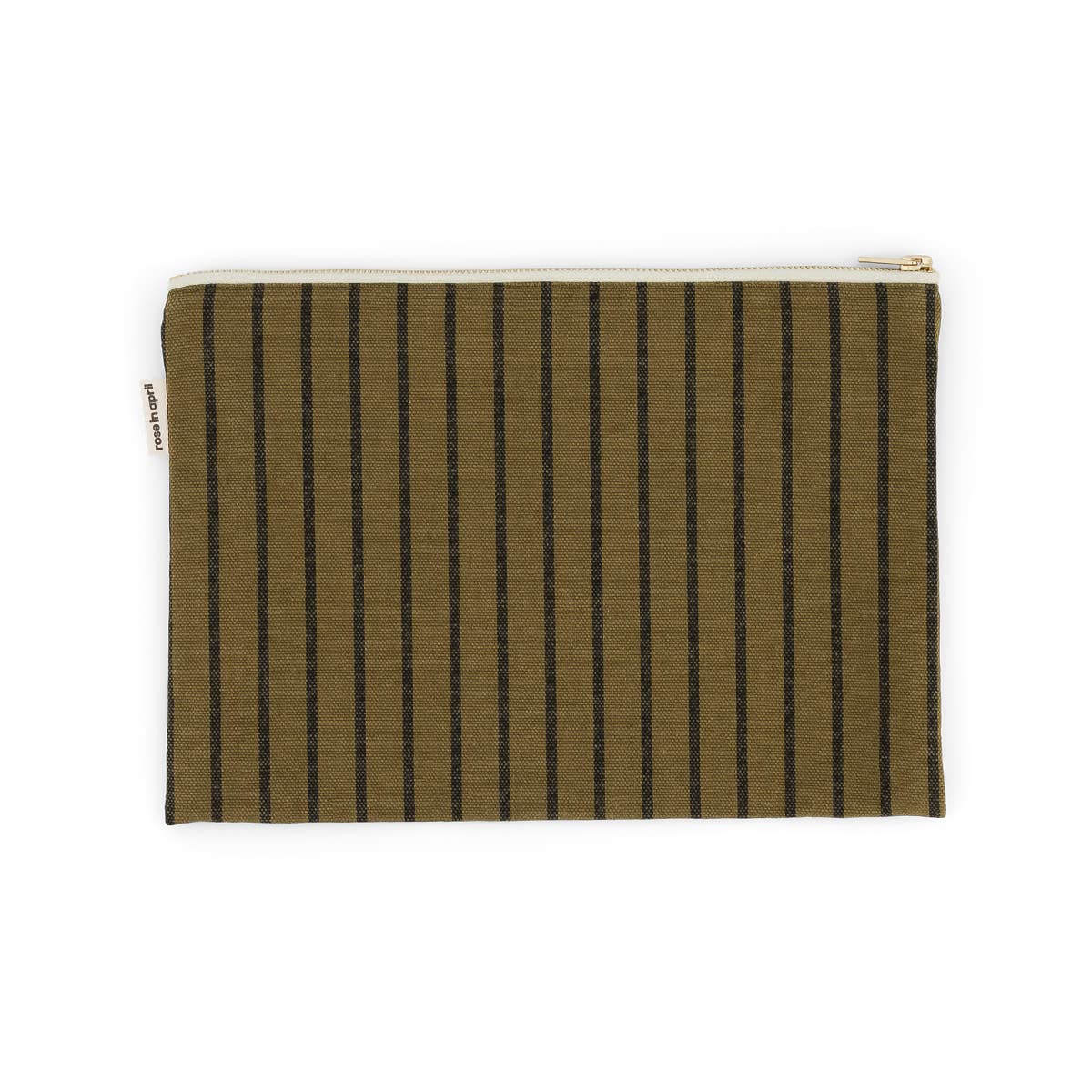Striped pouch with black vertical lines on a white background